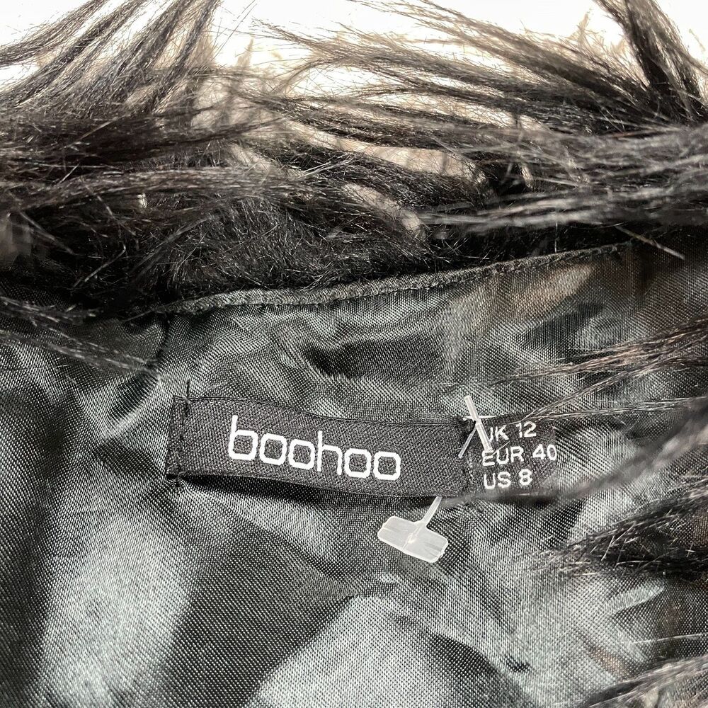 Boohoo Faux Fut Coat Womens 8 Black Long Sleeve Fuzzy Soft Polyester Overcoat - Picture 10 of 11